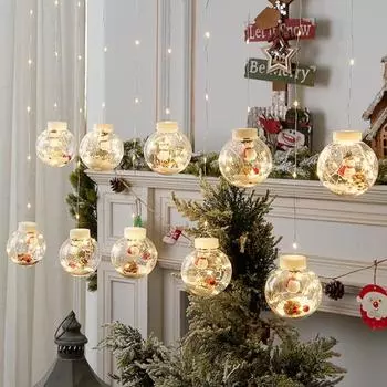 Светодиодный рождественский светильник Yousheng Ball String Light, украшение в виде шара с пожеланиями, 10 светильников в виде Санты/снеговика/шара для занавеса, декор для дома и улицы Warm light красный