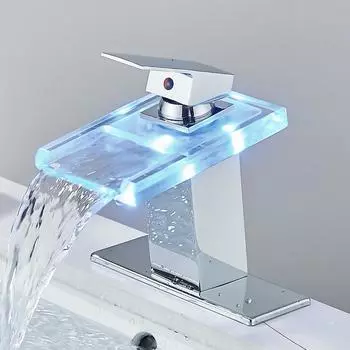 Светодиодный смеситель для раковины в ванной комнате с водопадом из латуни, с изменением температуры и цветов, смеситель для ванной комнаты, настенный смеситель для раковины, стеклянные краны матовый черный