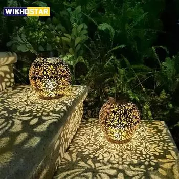 Светодиодный солнечный фонарь, полый кованый железный проекционный светильник, подвесные лампы, водонепроницаемый, для двора, сада, художественного оформления чёрный