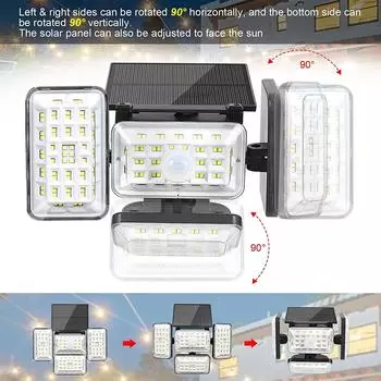 Светодиодный солнечный светильник 242LED, уличный датчик движения, охранная лампа, 4 регулируемые головки, 270°, широкоугольные прожекторы для гаражного двора