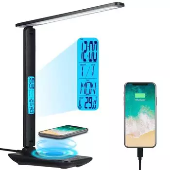 Светодиодный стол Legula, многофункциональный дисплей температуры, функция смартфона, 3 цвета, 5 уровней затемнения, компактный и удобный стол с натуральной поверхностью чёрный