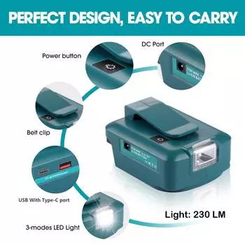 Светодиодный светильник для инструмента, адаптер 230 лм для аккумулятора Makita 14 В, 18 В с выходной вилкой USB Type-C, внешний аккумулятор 22,5 Вт, быстрое зарядное устройство QC3.0 бирюзовый