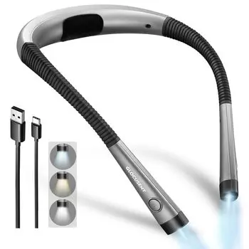 Светодиодный светильник Glocusent для чтения на шею для чтения в постели, янтарный, 3 цвета, регулируемая яркость, перезаряжаемый, долговечный, идеально подходит для