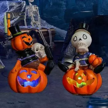 Светодиодный светильник-скелет из тыквы на Хэллоуин, украшение в виде симпатичного мультяшного черепа из смолы, светильник в виде тыквы, забавное украшение для рабочего стола pumpkin