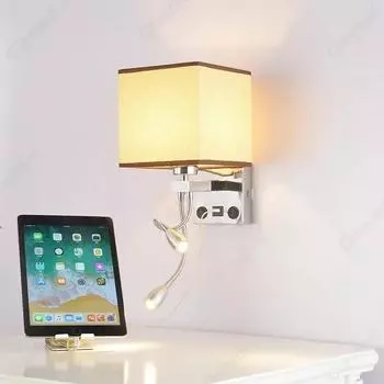Светодиодный тканевый абажур E27 с выключателем, настенный светильник, USB-порт для зарядки, регулируемый угол наклона, светильник для чтения в спальне white light