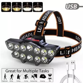 Светодиодный USB-перезаряжаемый налобный фонарь с высокой яркостью, яркий налобный фонарь с 12 светодиодами, USB-фара, водонепроницаемый налобный фонарь для кемпинга чёрный