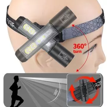 Светодиодный вращающийся налобный фонарь, фонарик, фара для рыбалки, водонепроницаемый перезаряжаемый аккумулятор, рабочий свет для улицы чёрный