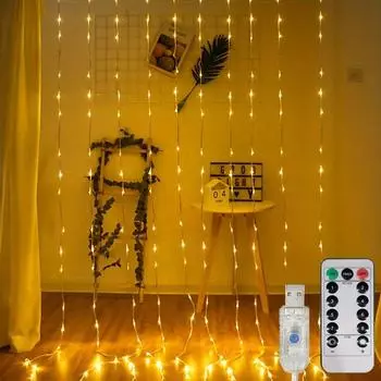 Светодиодный занавес с питанием от USB и дистанционным управлением - 600/300 шт. светодиодных гирлянд для Рождества, Хэллоуина, свадьбы, вечеринки, украшения стен 9.84ft x 9.84ft - 300LED теплый белый