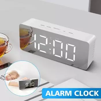 Светодиодный зеркальный цифровой будильник с функцией повтора времени Электронный большой дисплей температуры Ночной режим Часы для украшения дома белый