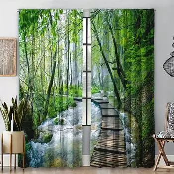 Светофильтрующие шторы в стиле ар-деко, комплект из 2 предметов, шторы с принтом в виде горного пейзажа, оконные драпировки для спальни 100W130H(CM)&Grommet Top