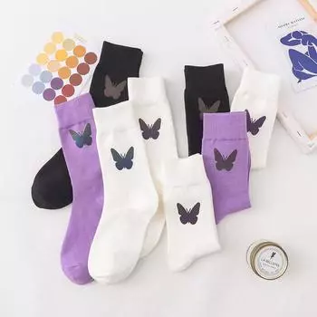 Светоотражающие женские носки с бабочками, мягкие хлопковые осенне-зимние носки, женские эластичные дышащие носки средней длины фиолетовый