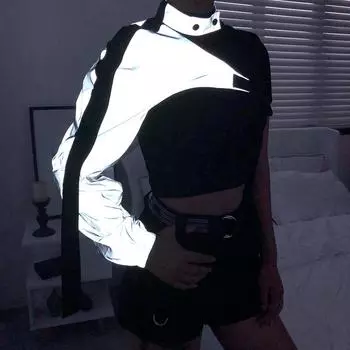 Светоотражающие топы, индивидуальная футболка с длинными рукавами и регулируемой пряжкой, женская футболка-стример, халат One Size чёрный