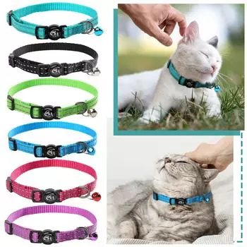 Светоотражающий кошачий ошейник с колокольчиком, нейлоновый ремешок на шею для домашних животных, ошейник, полоска для шеи, поводок для щенка, веревка, ткань One Size чёрный