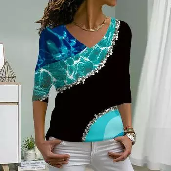 Светоотражающий принт в виде ряби на воде Женские футболки Женские топы Длинные рукава V-образный вырез Пуловер Femme Футболки Футболка для женщин XS зелёный
