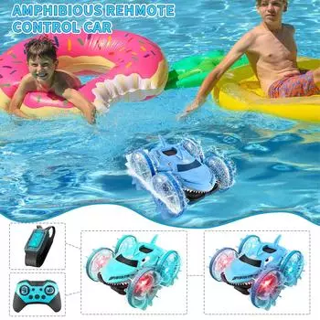 Световое колесо Shrk, водный и наземный трюк, автомобиль с дистанционным управлением, двусторонняя катящаяся детская игрушка-амфибия One Size синий