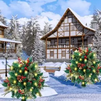 Светящаяся рождественская елка на батарейках, светодиодная искусственная сосна с таймером, освещенная рождественская елка с ягодами и шишками для внутреннего и наружного декора A