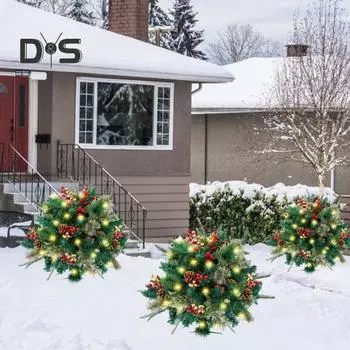 Светящаяся рождественская елка на батарейках, светодиодная искусственная сосна с таймером, освещенная рождественская елка с ягодами и шишками для внутреннего и наружного декора A