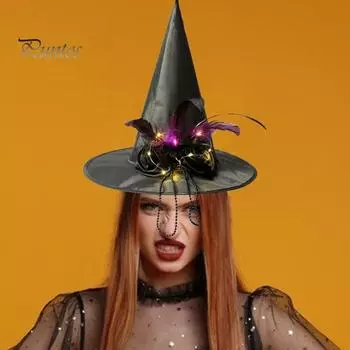 Светящаяся шляпа ведьмы на Хэллоуин, аксессуар для косплея, для взрослых, подростков, детей, широкополая, с высоким верхом, светящаяся шляпа ведьмы чёрный