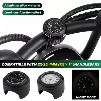 Светящееся крепление для часов на руль мотоцикла, черное, для руля скутера 22-25 мм, водонепроницаемое табло времени, алюминиевые кварцевые часы 1