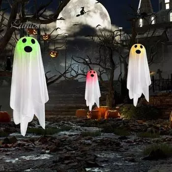 Светящееся украшение с призраком Хэллоуин Жуткий призрак Подвеска на батарейках Большой освещенный белый призрак для дворового дерева Декор дома с привидениями белый