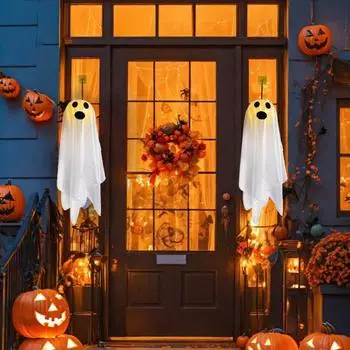 Светящееся украшение с призраком Хэллоуин Жуткий призрак Подвеска на батарейках Большой освещенный белый призрак для дворового дерева Декор дома с привидениями белый