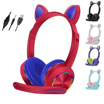 Светящиеся головные наушники с милыми кошачьими ушками и микрофоном 3,5 мм, игровая музыка, проводная гарнитура, наушники-вкладыши для детского подарка с микрофонами красный
