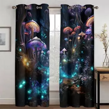 Светящиеся грибы Сказка Фантастический волшебный лес Шторы Детская комната Декор Фэнтези Пейзаж Гостиная Спальня 2 шт 50W130H(CM)X2PCS&Grommet Top