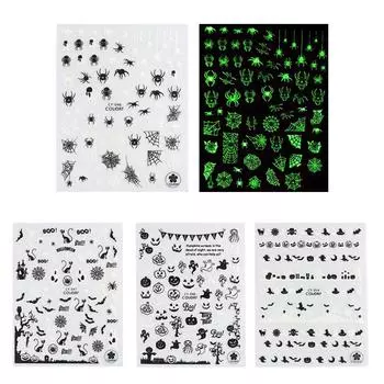 Светящиеся наклейки для ногтей на Хэллоуин, черно-белые наклейки для ногтей с паутиной и тыквой, водонепроницаемые наклейки для ногтей