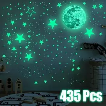 Светящиеся наклейки на стену для детской спальни, домашнего декора, лунные звезды, светящиеся флуоресцентные наклейки на стену star moon