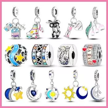 Светящиеся подвески из стерлингового серебра 925 пробы со звездой, луной и солнцем, подходят для нового оригинального браслета, подвески для путешествий на высоком каблуке, камера «сделай сам» белый