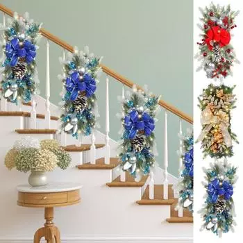 Светящиеся рождественские гирлянды, венок из ягод, банты, шишки, гирлянда для лестницы, каплевидная отделка, дверь, лестница, гирлянда синий