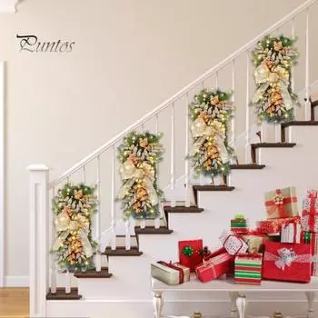 Светящиеся рождественские гирлянды, венок, ягоды, банты, шишки, гирлянда для лестницы, отделка в виде слезы, дверь, лестница, гирлянда для входной двери, окна, лестницы золотистый