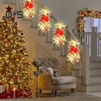 Светящиеся рождественские гирлянды, венок, ягоды, банты, шишки, гирлянда для лестницы, отделка в виде слезы, дверь, лестница, гирлянда для входной двери, окна, лестницы золотистый