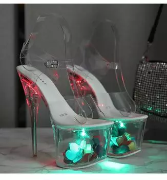 Светящиеся сандалии на высоком каблуке для ночного клуба, женская обувь, обувь для подиума, обувь для танцев на шесте, с кристаллической подошвой LFD 34 белый