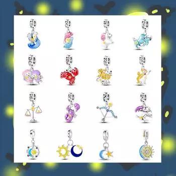 Светящиеся Серии Подвески Стерлингового Серебра 925 12 Созвездие Солнца Луна Звезды Шарм Бусины Подходит Оригинальный Браслет DIY Подарок