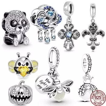 Светящиеся светлячки, милые панды и сверкающие подвесные бусины с крестом, подходят для оригинального модного браслета Diy, стерлинговое серебро 925 пробы, женские ювелирные изделия