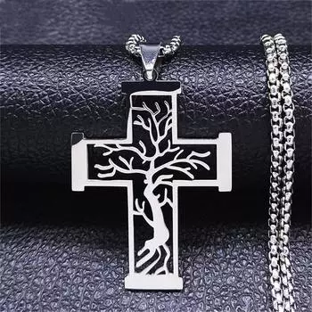 Светящиеся украшения: Creative Hollow Hope Tree Cross Titanium Steel Pendant Retro Trend Hollow Stainless Steel Fashion Hundred серебряный