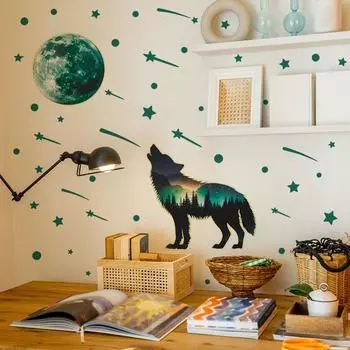 Светящиеся в темноте лес одинокий волк звезды луна спальня гостиная фон ландшафтный дизайн декоративные настенные наклейки 30*50CM/fun-yg010