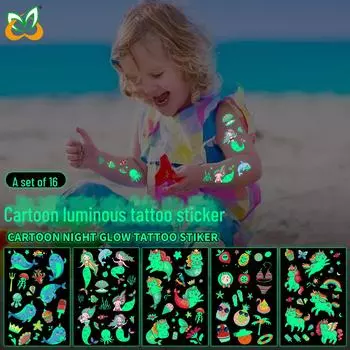 Светящиеся в темноте наклейки-татуировки: Динозавр, Русалка, Единорог, Машина, Животное, Акула WS-K91; 120*76mm