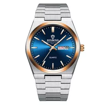 Светящийся кварцевый нержавеющий рабочий подарок для парня мужские часы, функция, календарь, водонепроницаемые стильные, дата, день, многоцелевые, деловые, часы, сталь, синий