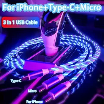 Светящийся светодиодный светильник 3 в 1, кабель Micro USB Type C для быстрой зарядки 3A для iPhone, Samsung, Xiaomi, Redmi, зарядное устройство для телефона, USB-кабель 3 IN 1 синий