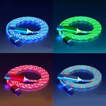 Светящийся светодиодный USB-кабель типа C для Samsung Xiaomi OPPO IPhone, быстрое зарядное устройство, кабель для передачи данных, светодиодный кабель с плавным светом 1M For Type-C