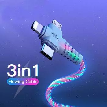 Светящийся зарядный кабель 3 в 1, USB-кабель для быстрой зарядки 2.1A со светящимся освещением для Samsung Iphone XiaoMi HuaWei 1M разноцветный