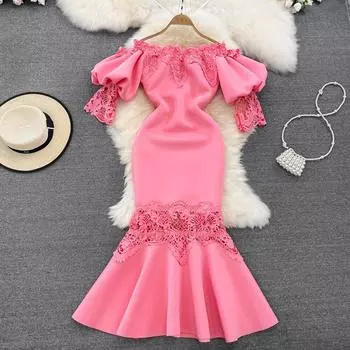 Светская львица Легкое роскошное платье Длинная юбка Элегантный темперамент Слово Плечо Кружева на плечах Заклинание Получите поясную сумку Хип Рыбий хвост