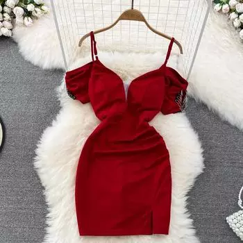 Светский темперамент Протирание груди Платье Senior Sense Temperament Лист лотоса с рукавами на талии и тонким разрезом