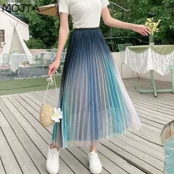 Свежая и милая тонкая большая распашная юбка средней длины с высокой талией, двухслойная сетка, градиент цвета, яркий цвет, весенне-летняя женская плиссированная юбка one size