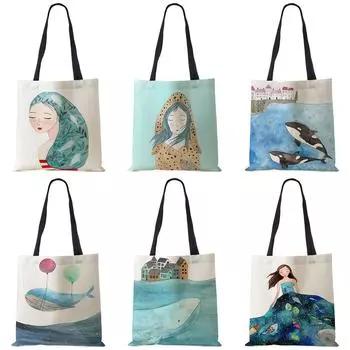 Свежая картина, милый кит, морская серия, сумка на плечо, женские сумки, дизайнерские сумки большой емкости