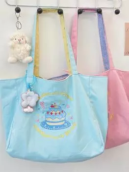 Свежая контрастная цветная сумка двойного назначения через плечо большой вместимости, сумка-тоут с вышивкой от ленивого ветра, рюкзак для студента колледжа светло-синий