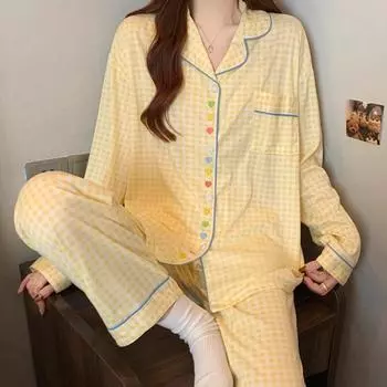 Свежая красочная женская пижама с вышитым сердцем, романтическая литературная двухцветная клетчатая домашняя одежда из весеннего молочного шелка M жёлтый
