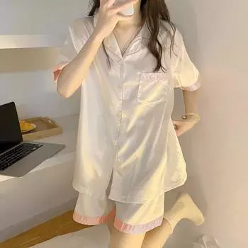 Свежая романтическая розовая и белая пижама для женщин, летняя, короткая женская одежда для сна, простой стиль, новая мода для отдыха L